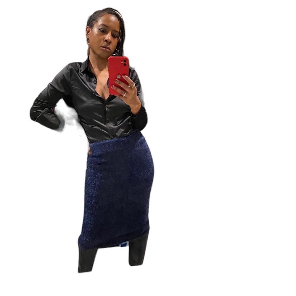 GB blue fuzzy texture knee midi length skirt